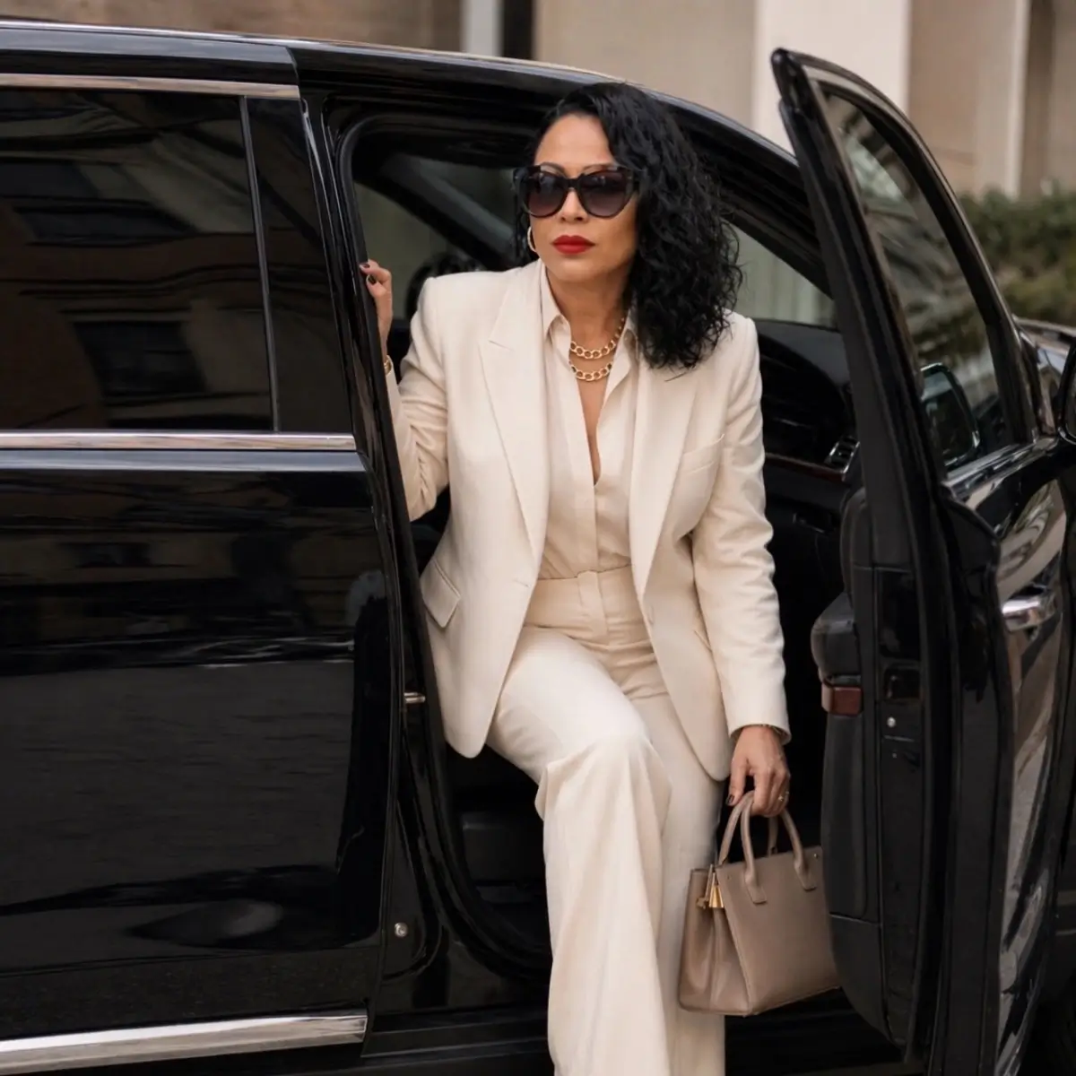 Leah Carter, founder of She Deserves Millions, stepping out of a luxury car representing a successful woman entrepreneur building a profitable business using AI.