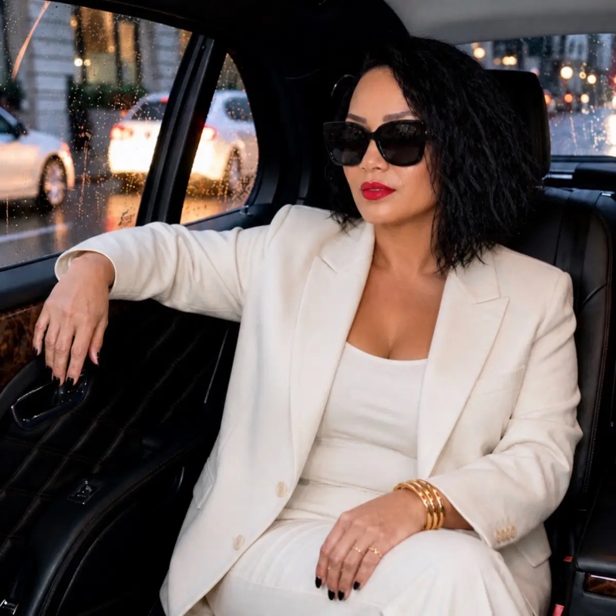 Leah Carter arriving for a business meeting, representing success, confidence, and women building profitable businesses with AI.