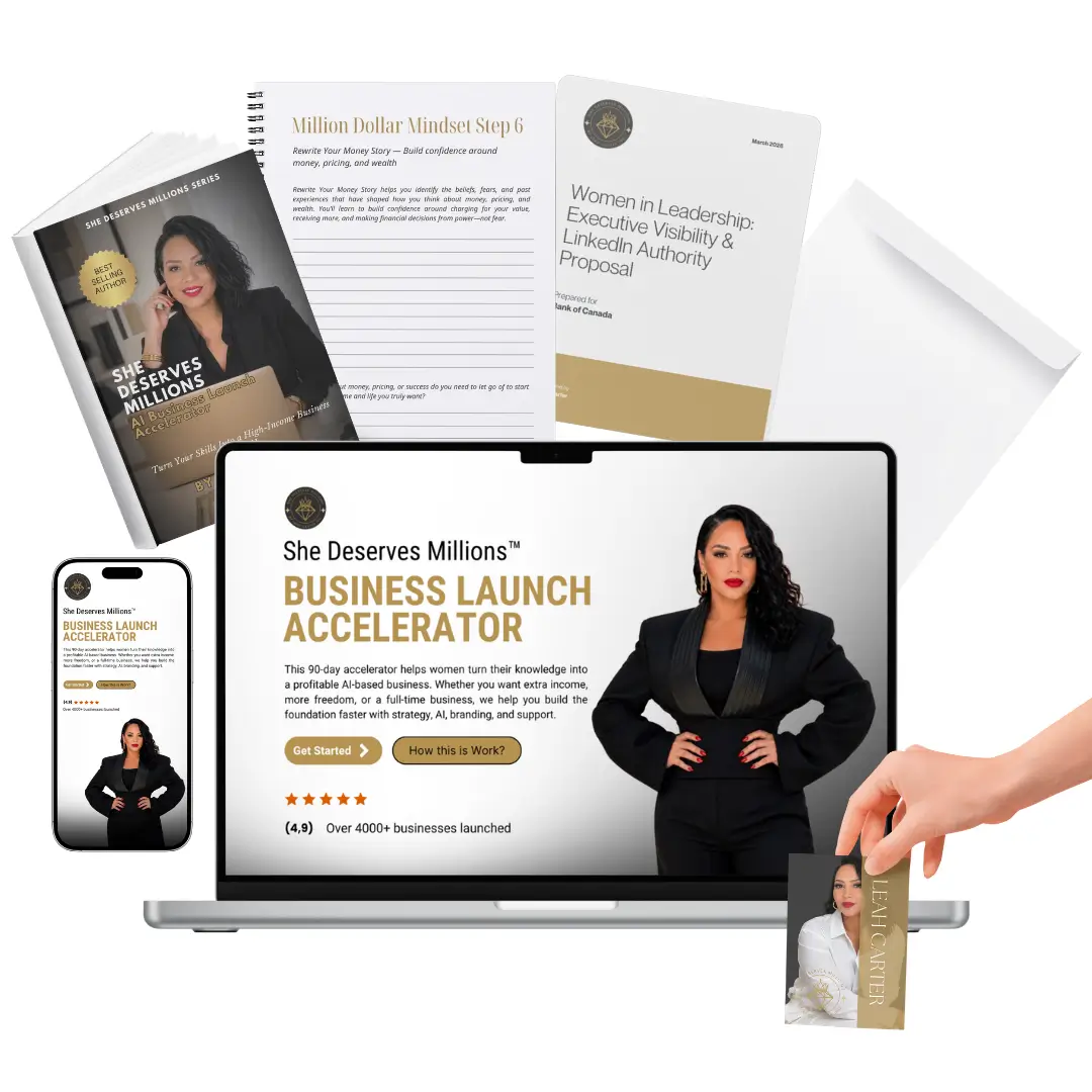 Professional marketing collateral for the She Deserves Millions™ Business Accelerator featuring premium branding, AI-powered business coaching, and women’s entrepreneurship support.