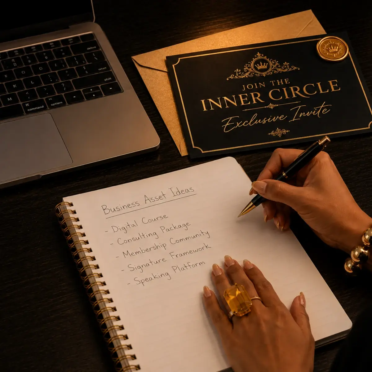Woman writing business asset ideas in a notebook beside her laptop, planning new income streams through consulting, digital products, memberships, frameworks and speaking.